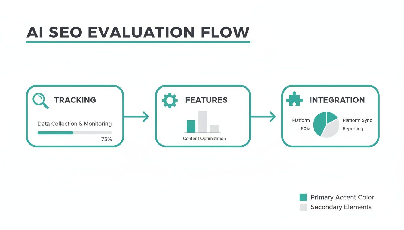 An AI SEO evaluation flow diagram detailing tracking, features, and integration steps with progress indicators.