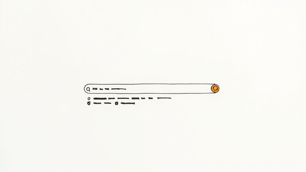 A hand-drawn search bar illustration with a magnifying glass icon, placeholder text, and an orange circle.