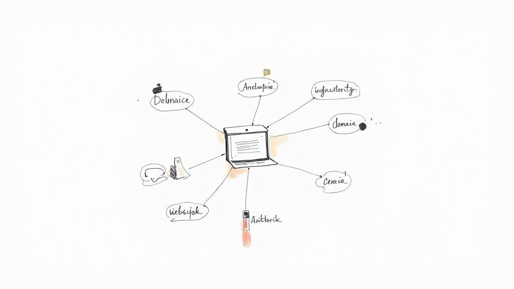 A hand-drawn mind map with a laptop at the center connected to various words and icons.