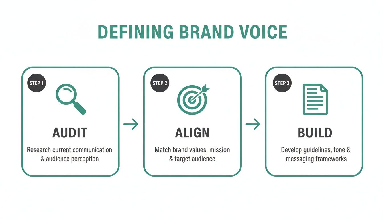 Three-step infographic on defining brand voice: Audit, Align, and Build with key actions.