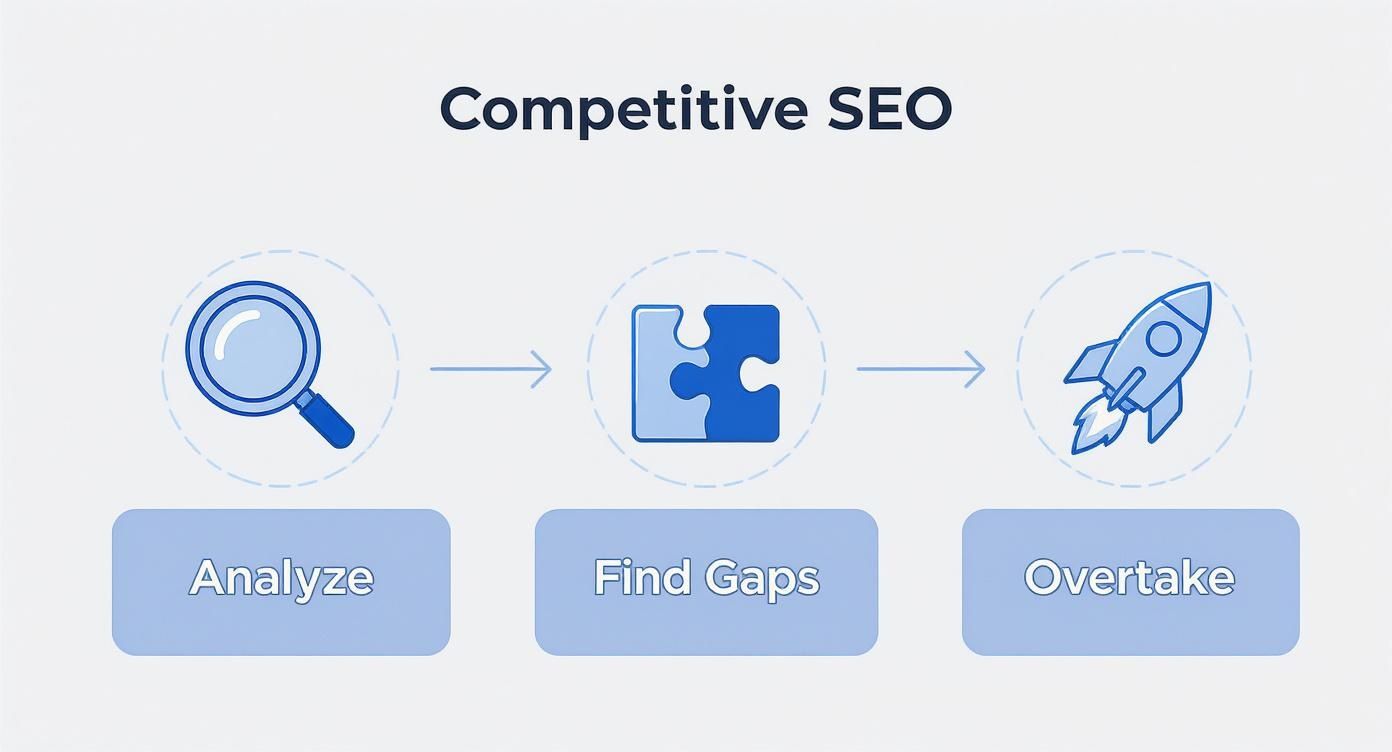 Diagram illustrating three steps for Competitive SEO: Analyze, Find Gaps, and Overtake.