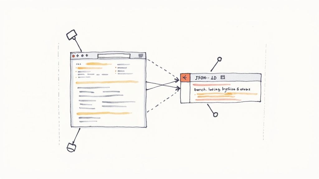Hand-drawn diagram illustrating webpage content being converted into JSON-LD data structures.