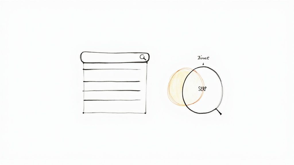 Hand-drawn sketch of a search results page and a Venn diagram illustrating SERP and direct traffic.
