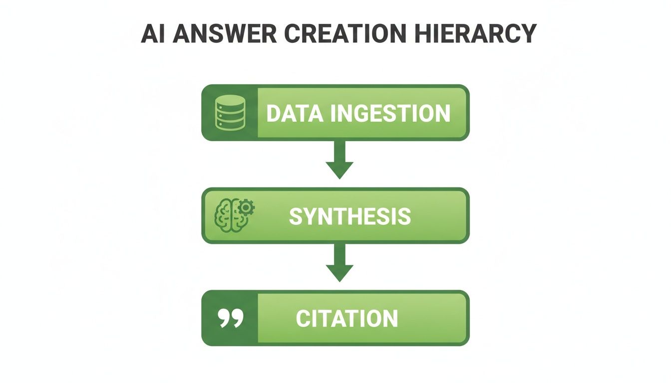 Flowchart illustrating the AI answer creation hierarchy: Data Ingestion, Synthesis, and Citation steps.