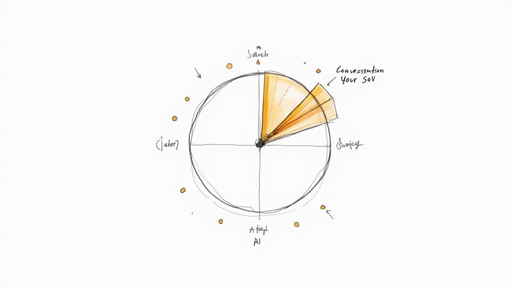 Hand-drawn conceptual diagram illustrating share of voice across search, conversation, and artificial intelligence.
