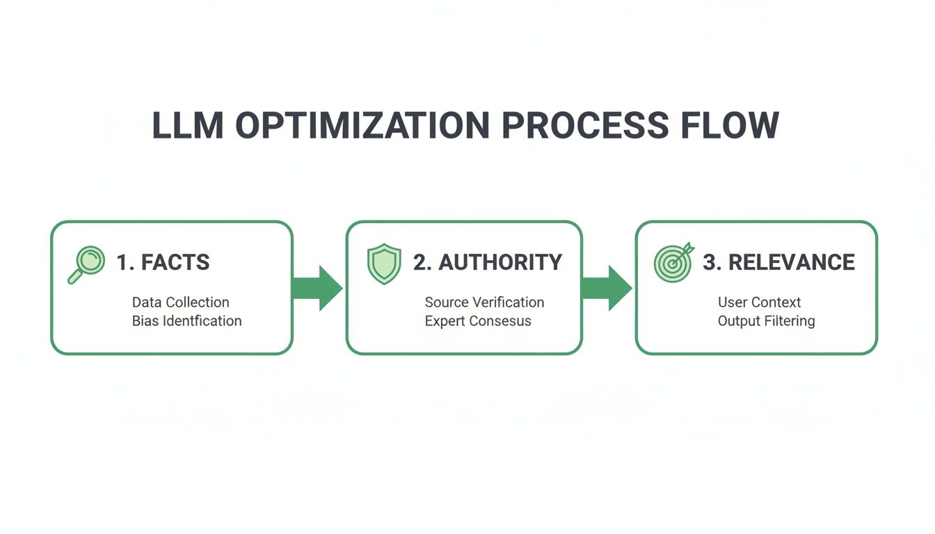 Flowchart illustrating the LLM optimization process, covering facts, authority, and relevance stages.