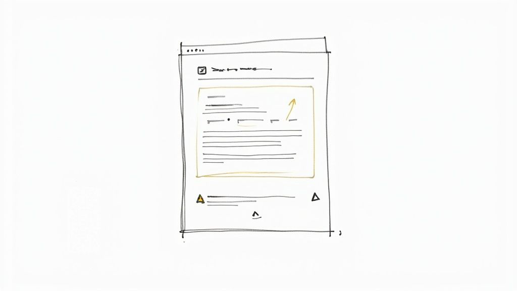 A hand-drawn sketch of a simplified web page layout with content, icons, and an upward arrow.