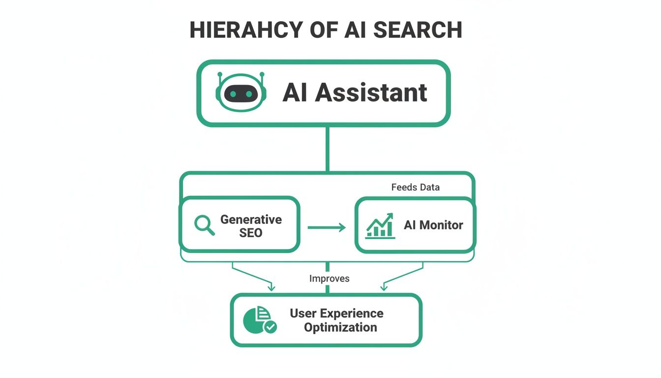 Diagram showing the hierarchy of AI search: AI Assistant feeds Generative SEO and AI Monitor, which improves User Experience Optimization.