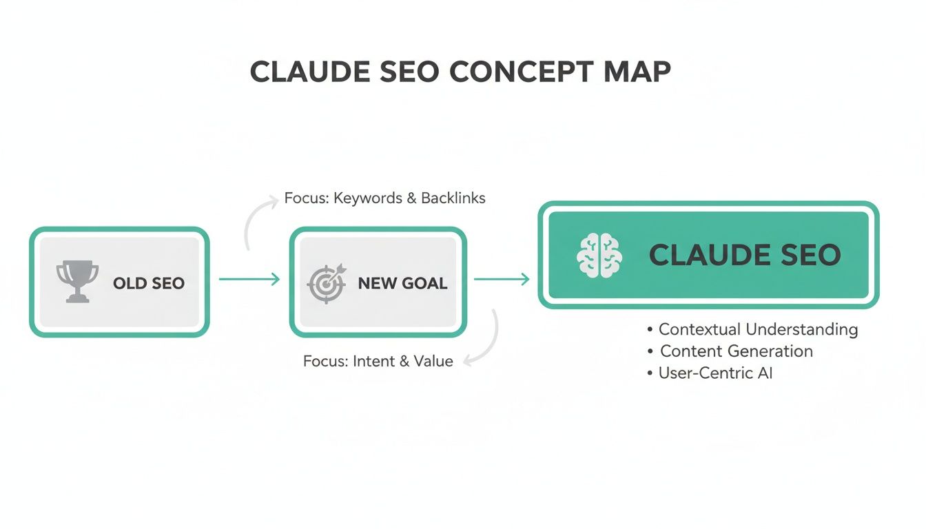 Claude SEO concept map shows evolution from old SEO, highlighting AI, contextual understanding, and content generation.