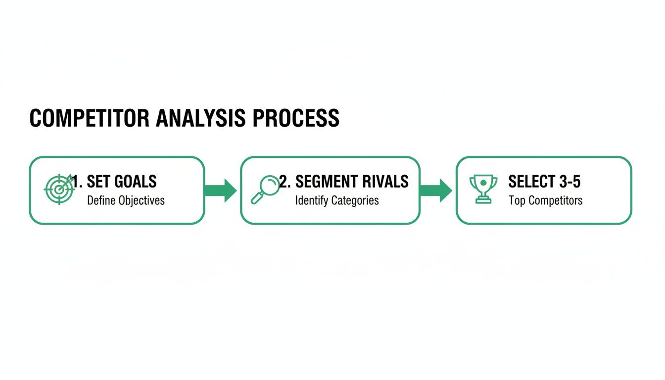 A competitor analysis process flowchart outlining three steps: set goals, segment rivals, and select top competitors.