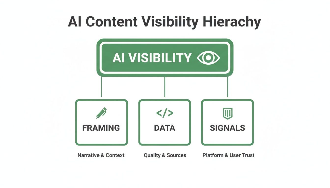 Hierarchy diagram showing AI content visibility depends on framing, data quality, and platform signals.