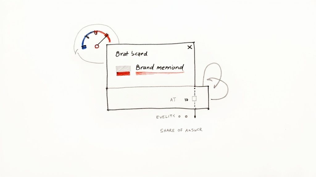 Hand-drawn diagram showing a gauge, a card labeled 'Brand Memiond', and 'Share of Answer' text, illustrating brand analysis.