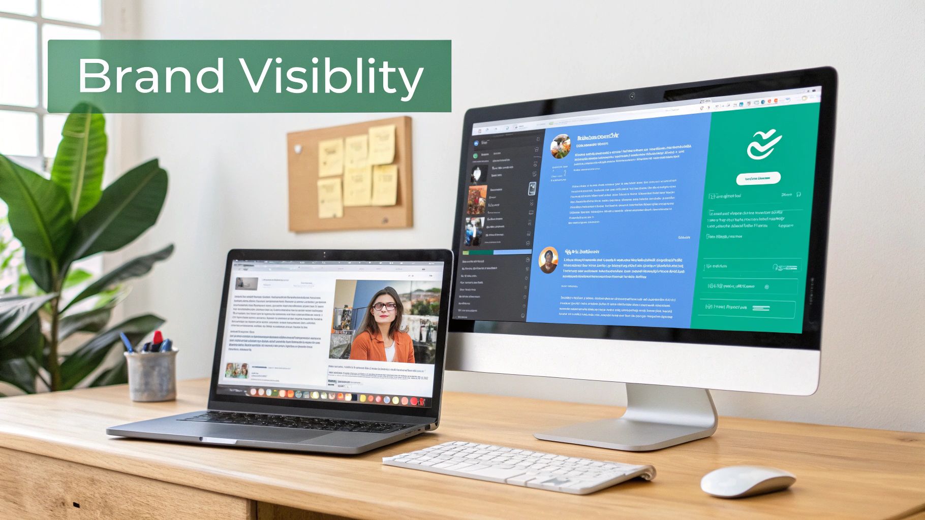 Modern desk setup with laptop and large monitor displaying online content for brand visibility.