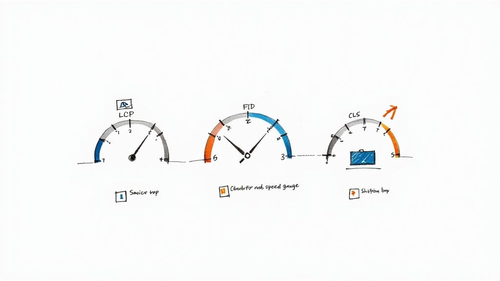 Hand-drawn illustration of three web performance gauges for LCP, FID, and CLS metrics.