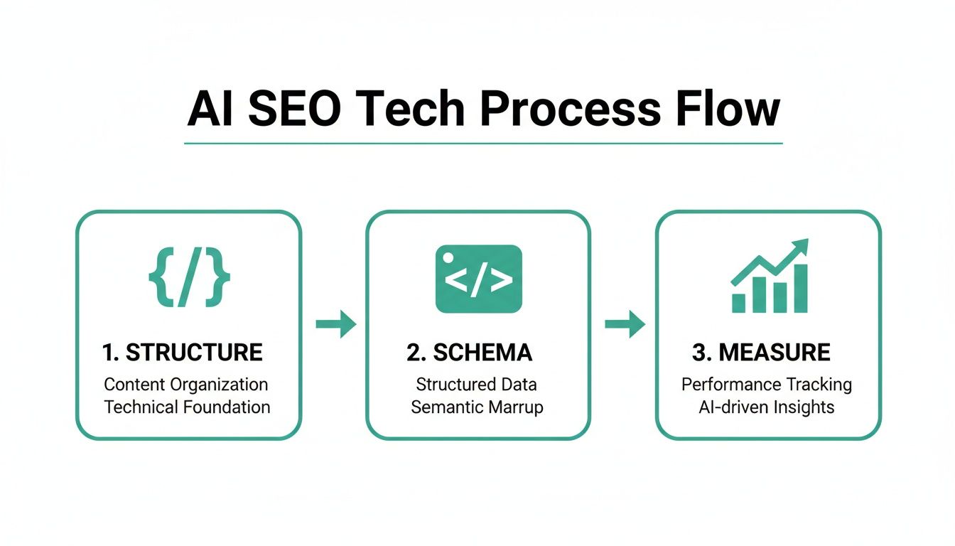 AI SEO tech process flow showing steps for structure,schema, and measurement for digital ranking.