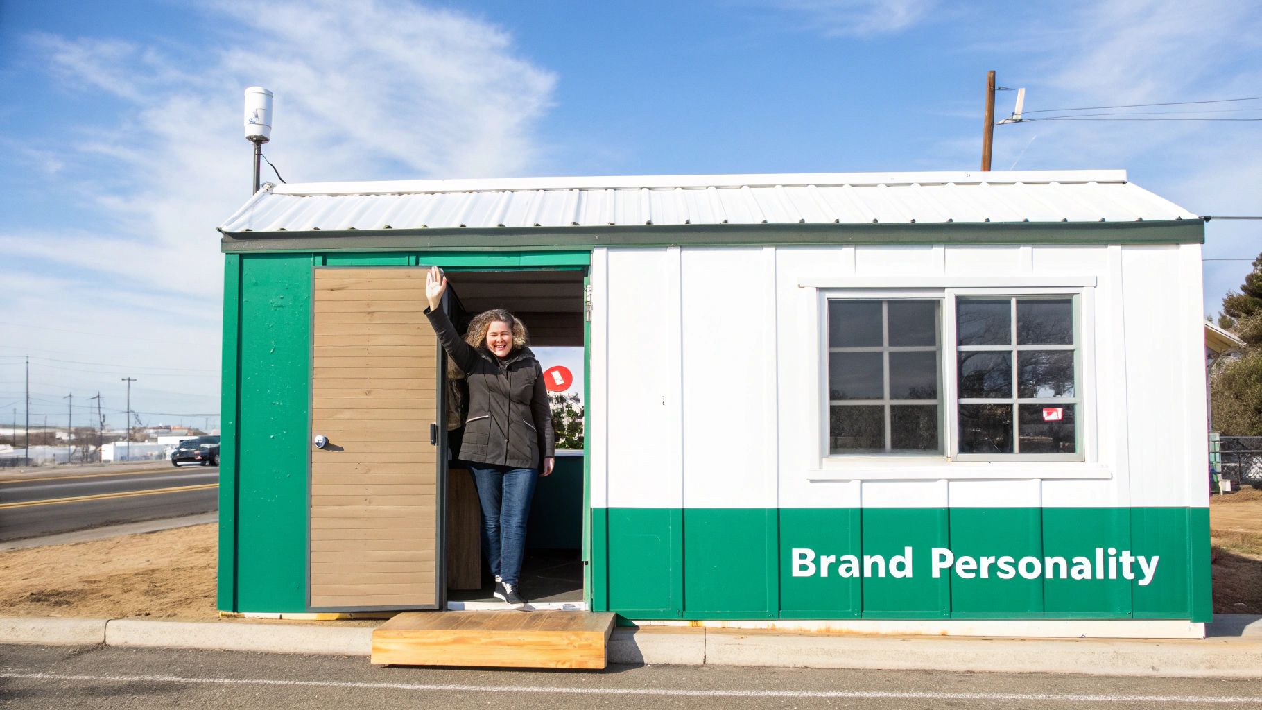A smiling woman waves from the open door of a small green and white building with "Brand Personality" text.