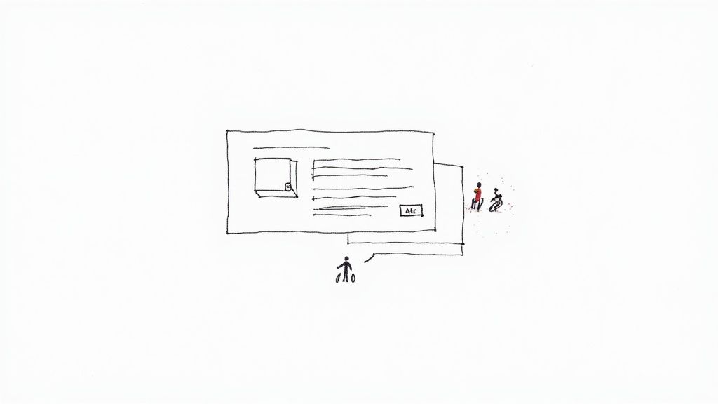 Minimalist drawing of web pages with text and an 'Add to cart' button, observed by small stick figures.