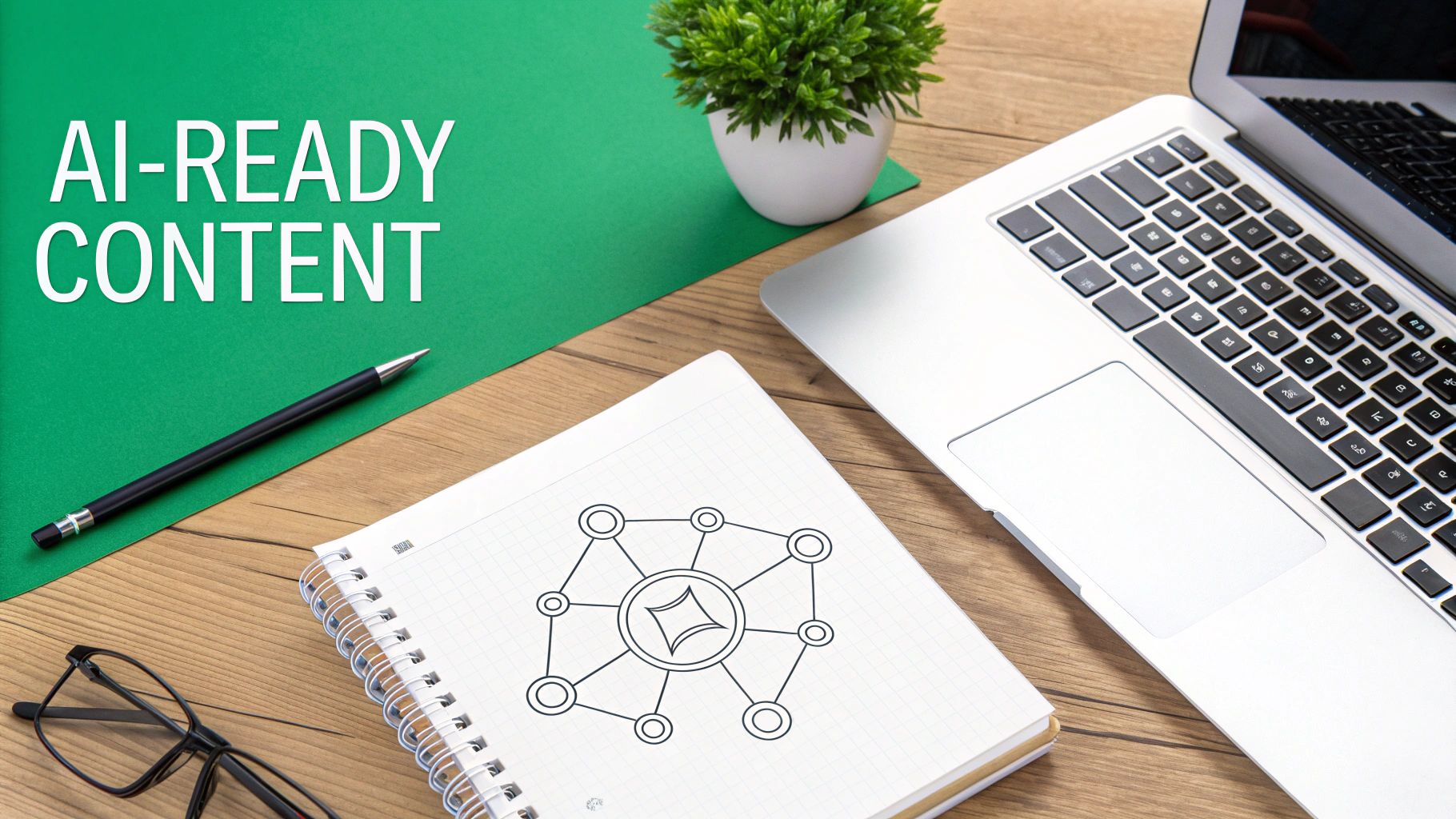 A top-down view of a desk featuring 'AI-READY CONTENT' text, a laptop, notebook, pen, and glasses.