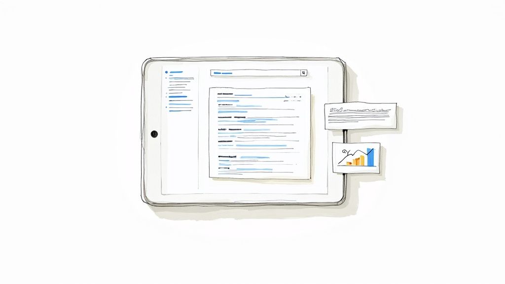 A hand-drawn tablet displaying a data dashboard with a search bar, text, and a bar chart.