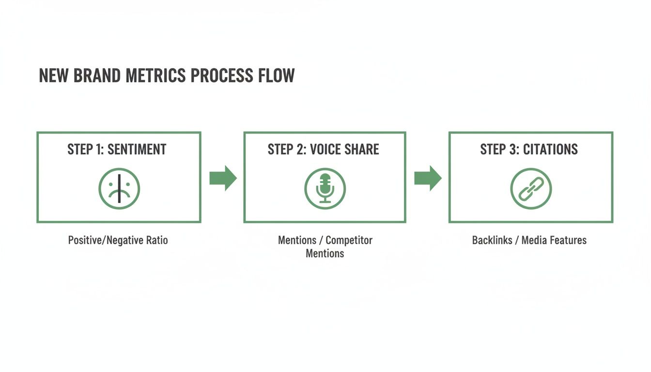 New brand metrics process flow diagram outlining sentiment, voice share, and citations for brand monitoring.