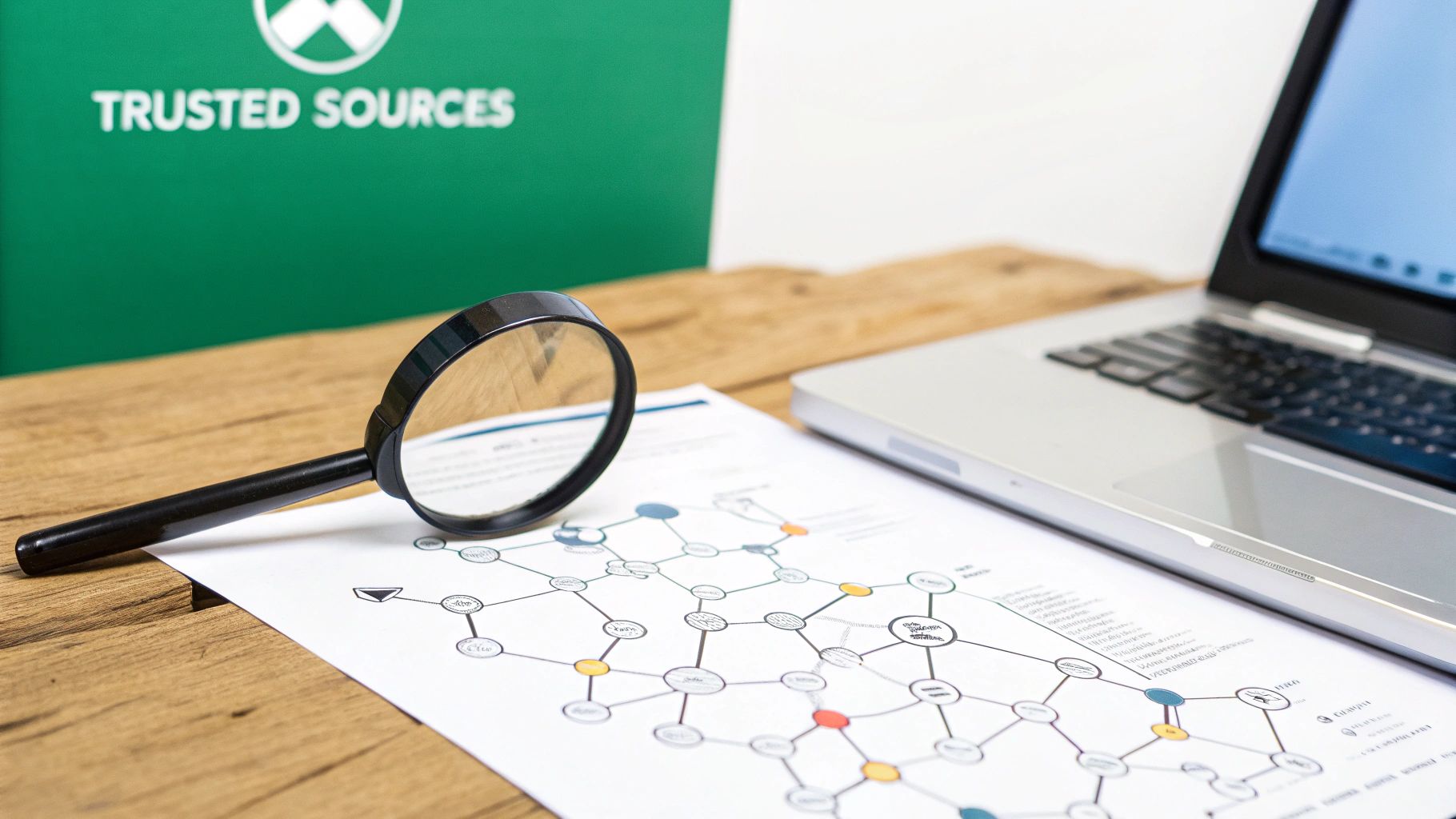 A magnifying glass rests on a document displaying a network diagram, with a laptop and 'Trusted Sources' sign in the background.