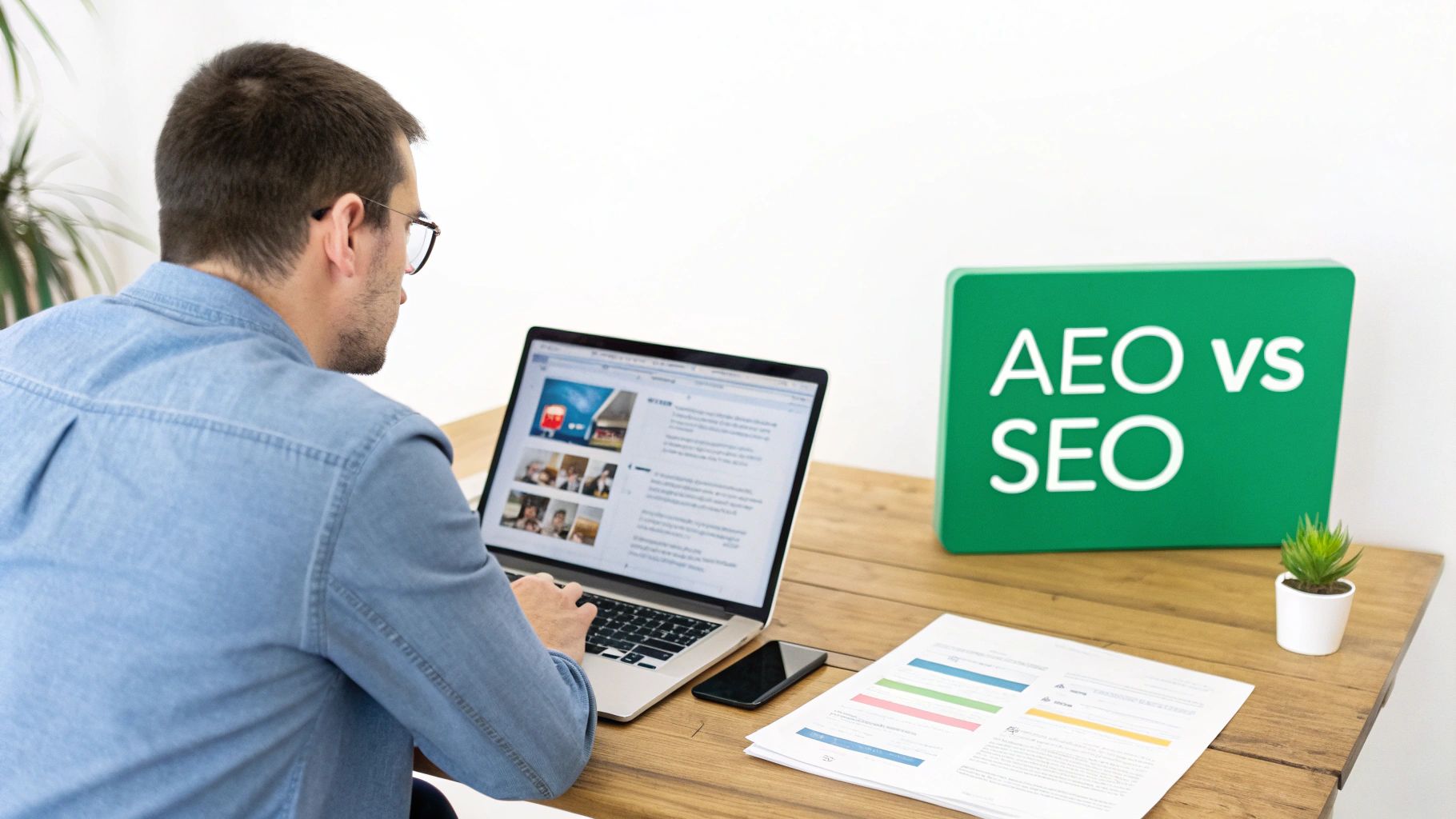 A man working on a laptop at a wooden desk with an 'AEO vs SEO' sign.