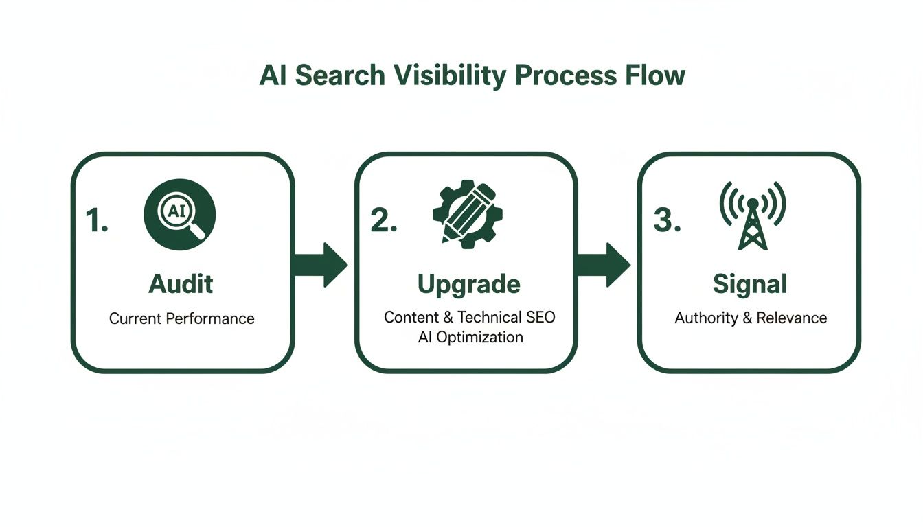 Diagram showing the AI Search Visibility Process Flow: Audit, Upgrade, and Signal.