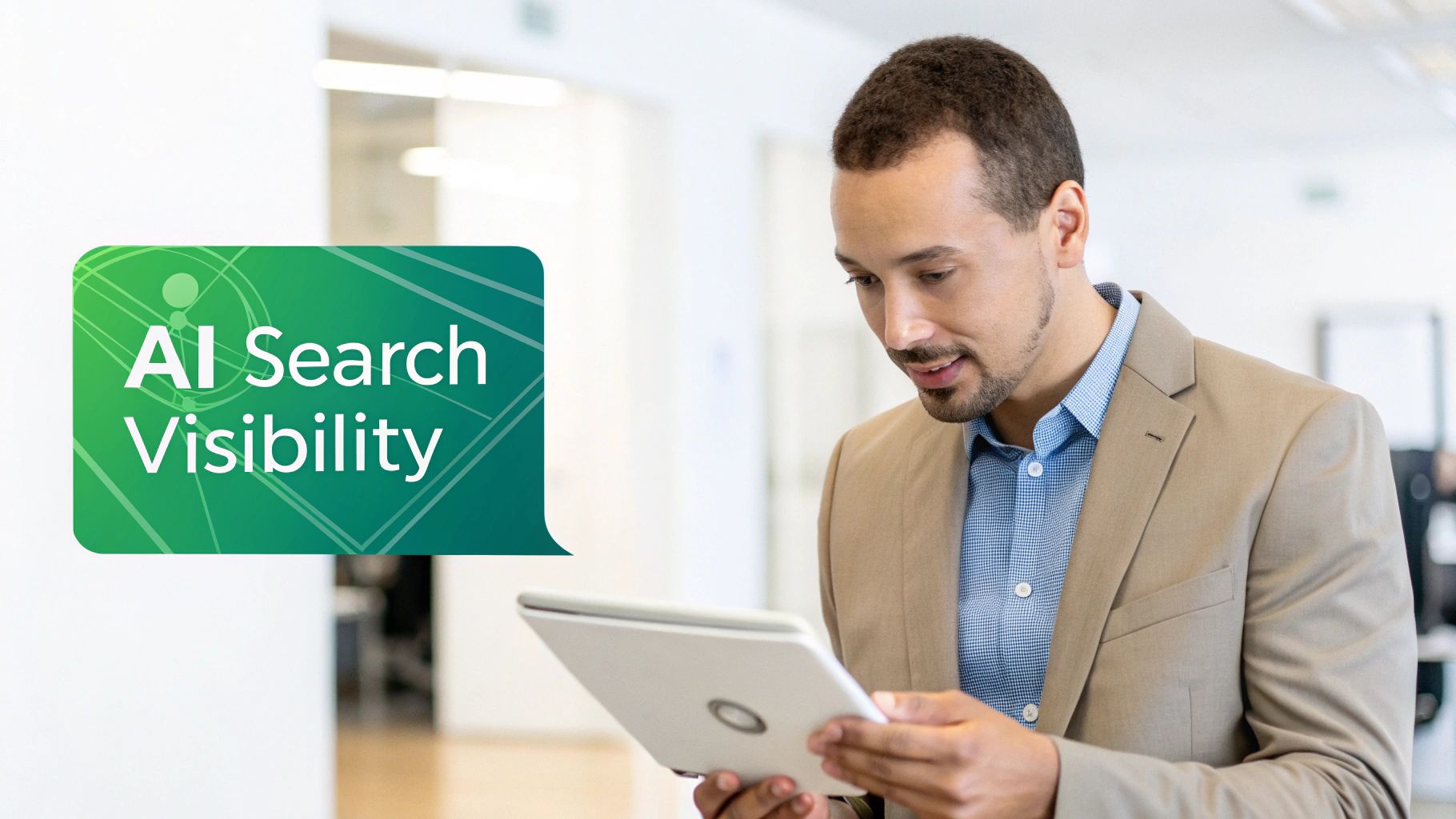 Man using a tablet in an office, with an 'AI Search Visibility' overlay, representing digital marketing.