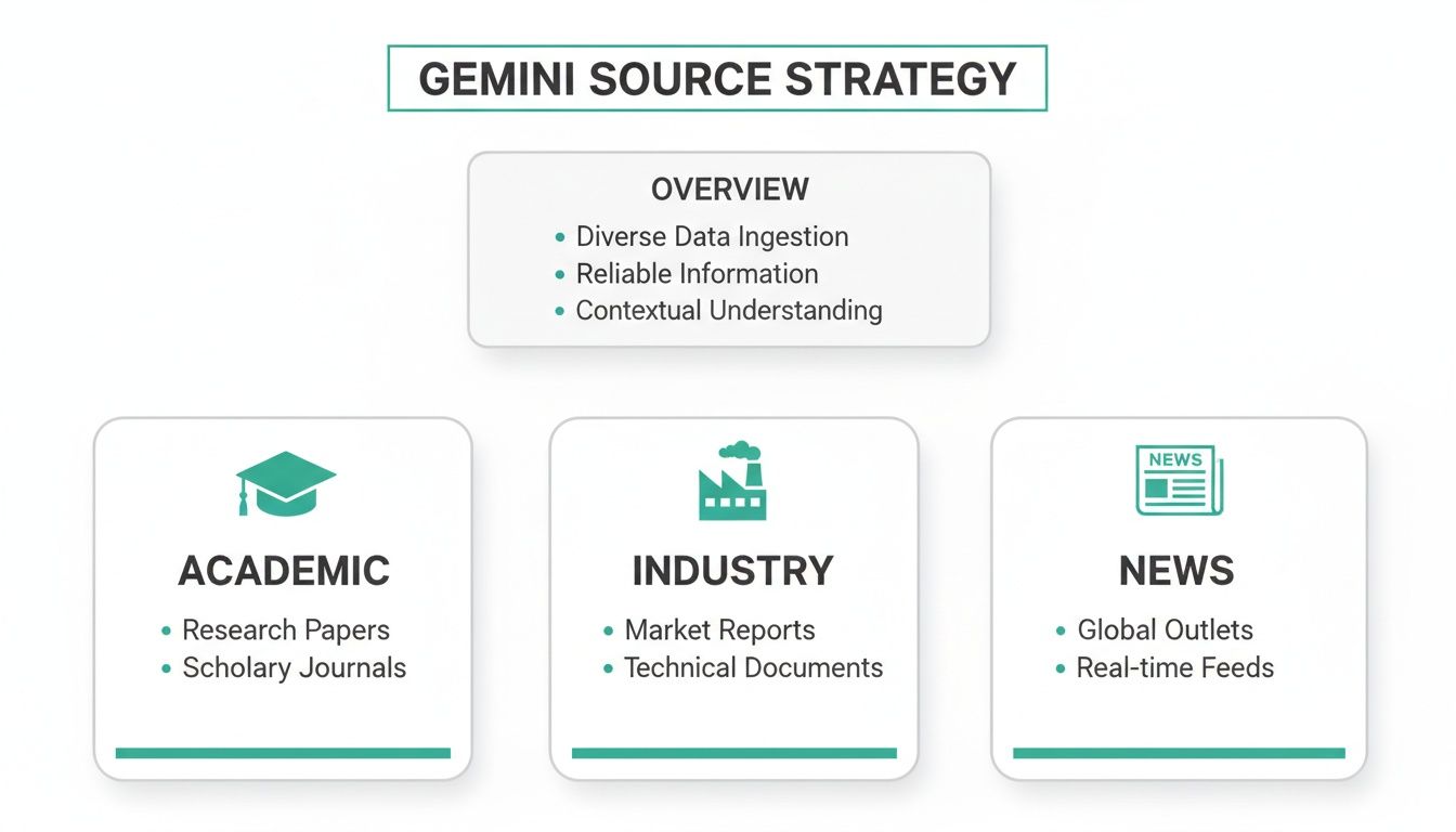 A diagram titled 'Gemini Source Strategy' outlining data acquisition from academic, industry, and news sources.