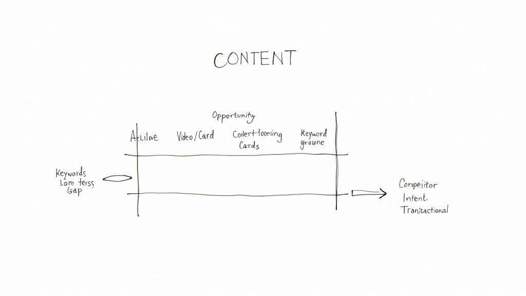 Hand-drawn diagram illustrating content strategy, from keyword gaps through content opportunities to competitor transactional intent.