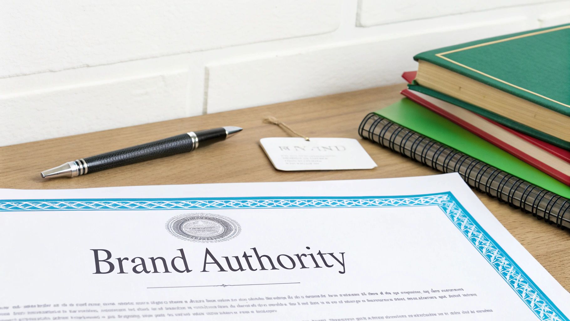 A document titled 'Brand Authority' with a pen, brand tag, and books on a wooden desk.