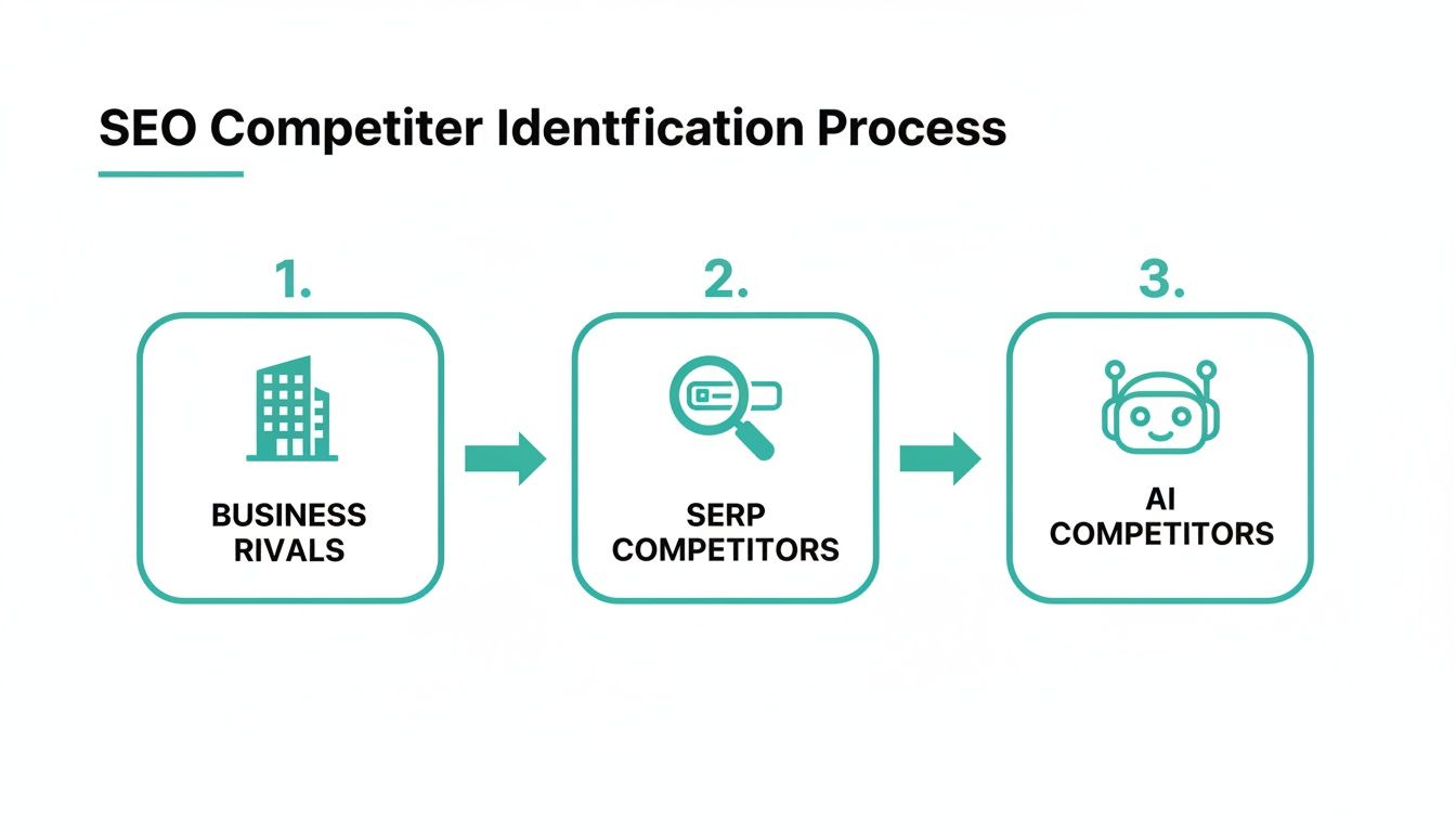 A three-step SEO competitor identification process: Business Rivals, SERP Competitors, and AI Competitors.