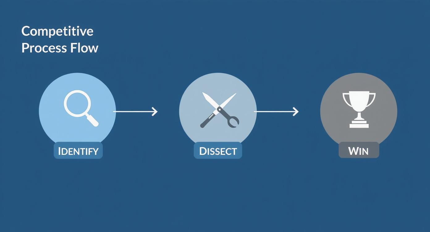 A three-step competitive process flow diagram showing Identify, Dissect, and Win steps.