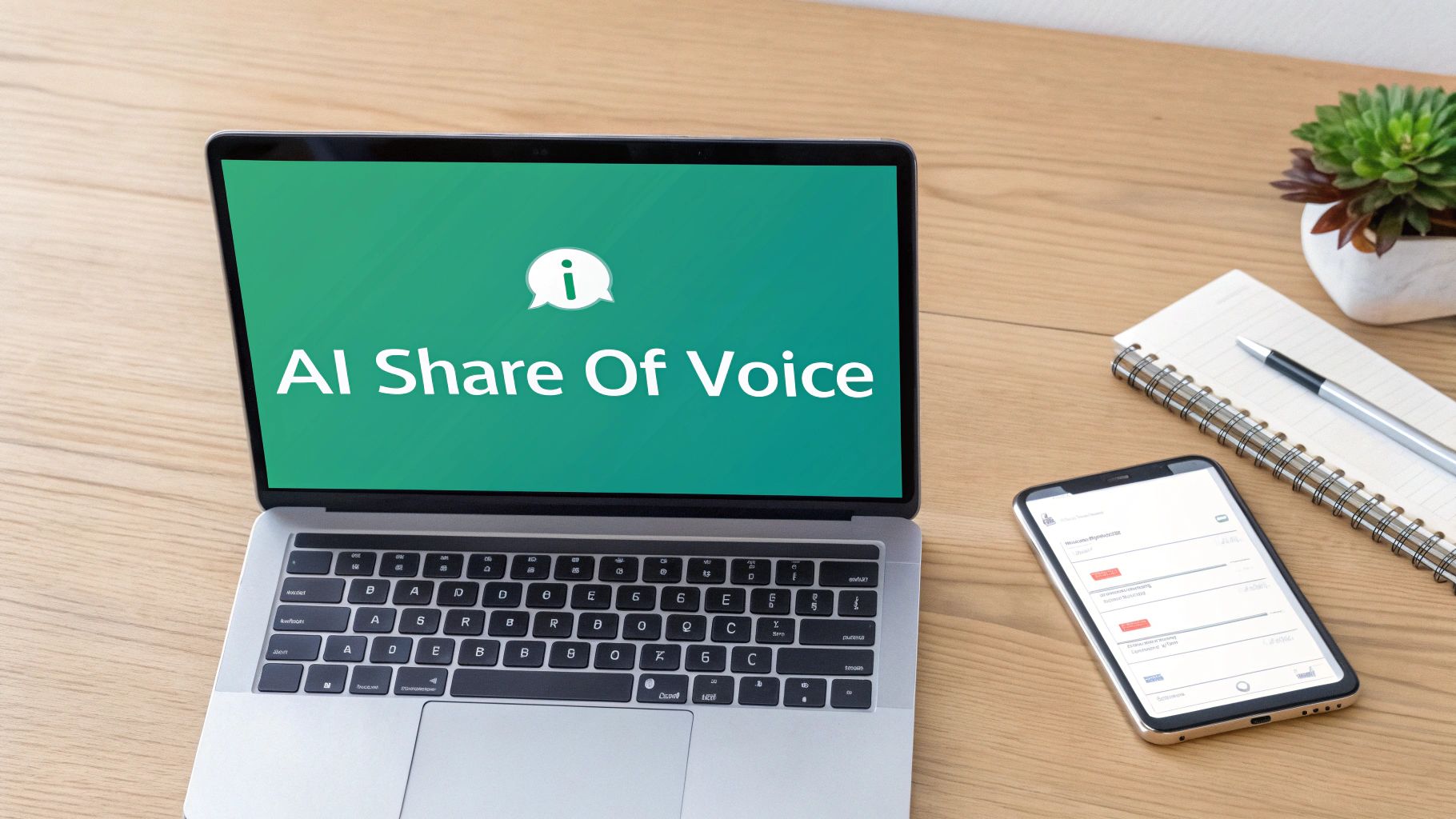 A laptop displaying "AI Share Of Voice" on a green screen, alongside a smartphone, notebook, and pen on a wooden desk.