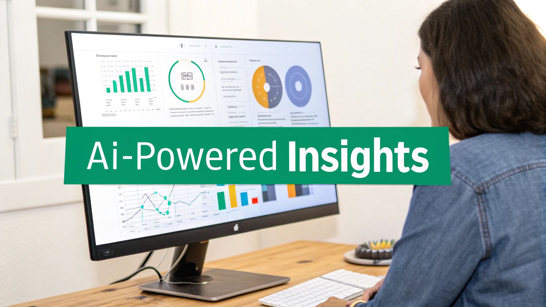 A person works on a computer displaying AI-powered insights, charts, and data dashboards.