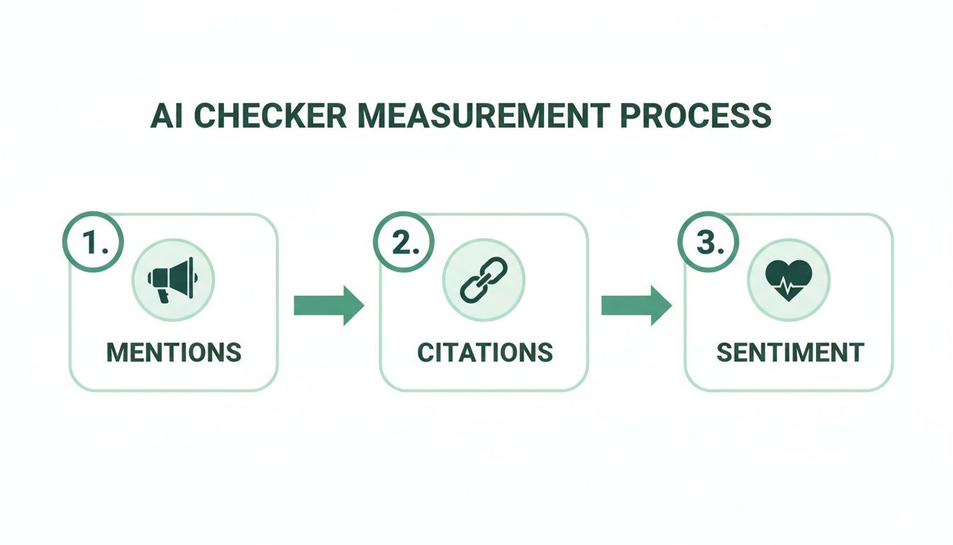 Flowchart illustrating the AI Checker Measurement Process: 1. Mentions, 2. Citations, 3. Sentiment analysis.