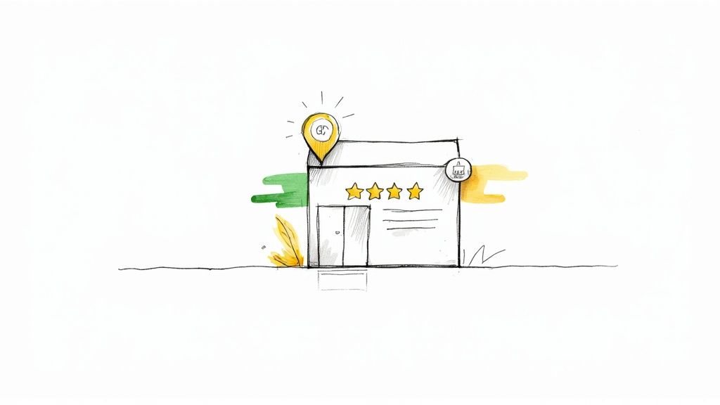 An illustration of a storefront with four stars, a location pin, and a shopping bag icon, symbolizing local business reviews.