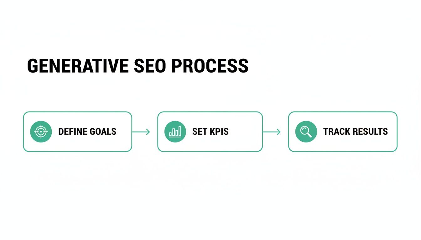 A diagram illustrating the Generative SEO Process with three steps: Define Goals, Set KPIs, and Track Results.