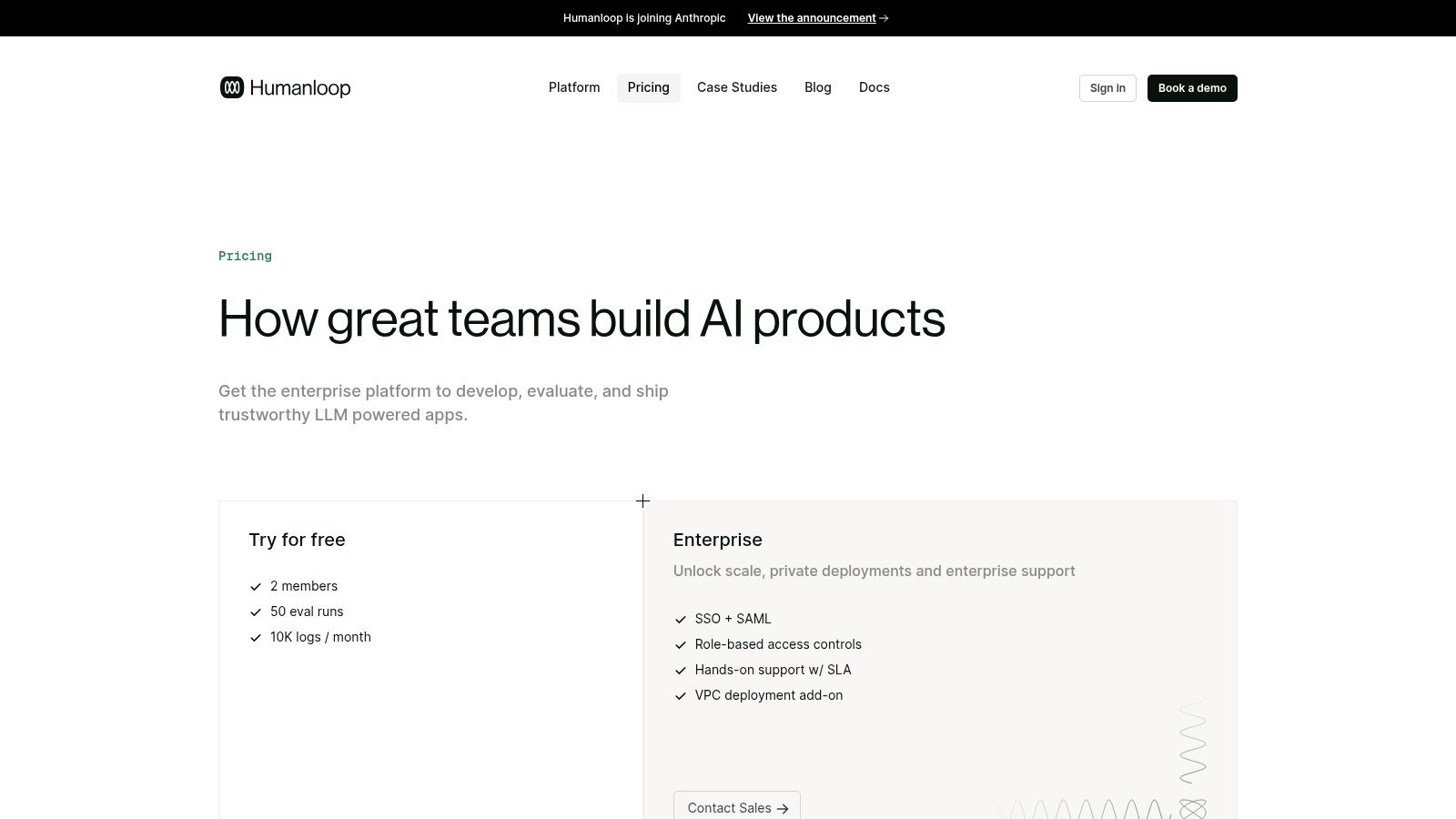 Humanloop pricing page, one of the best llm optimization tools for ai visibility