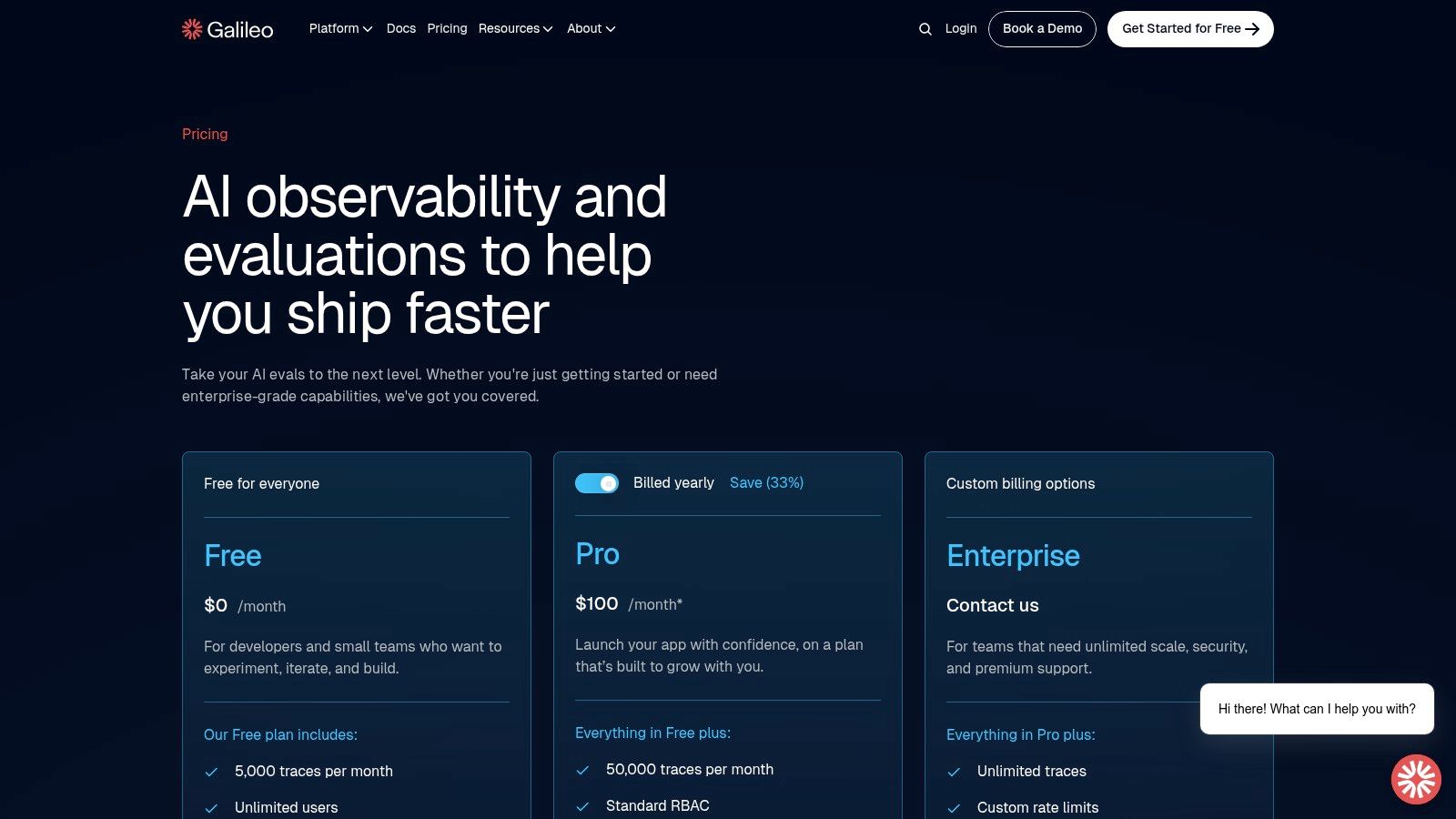 Galileo pricing plans, one of the best LLM optimization tools for AI visibility