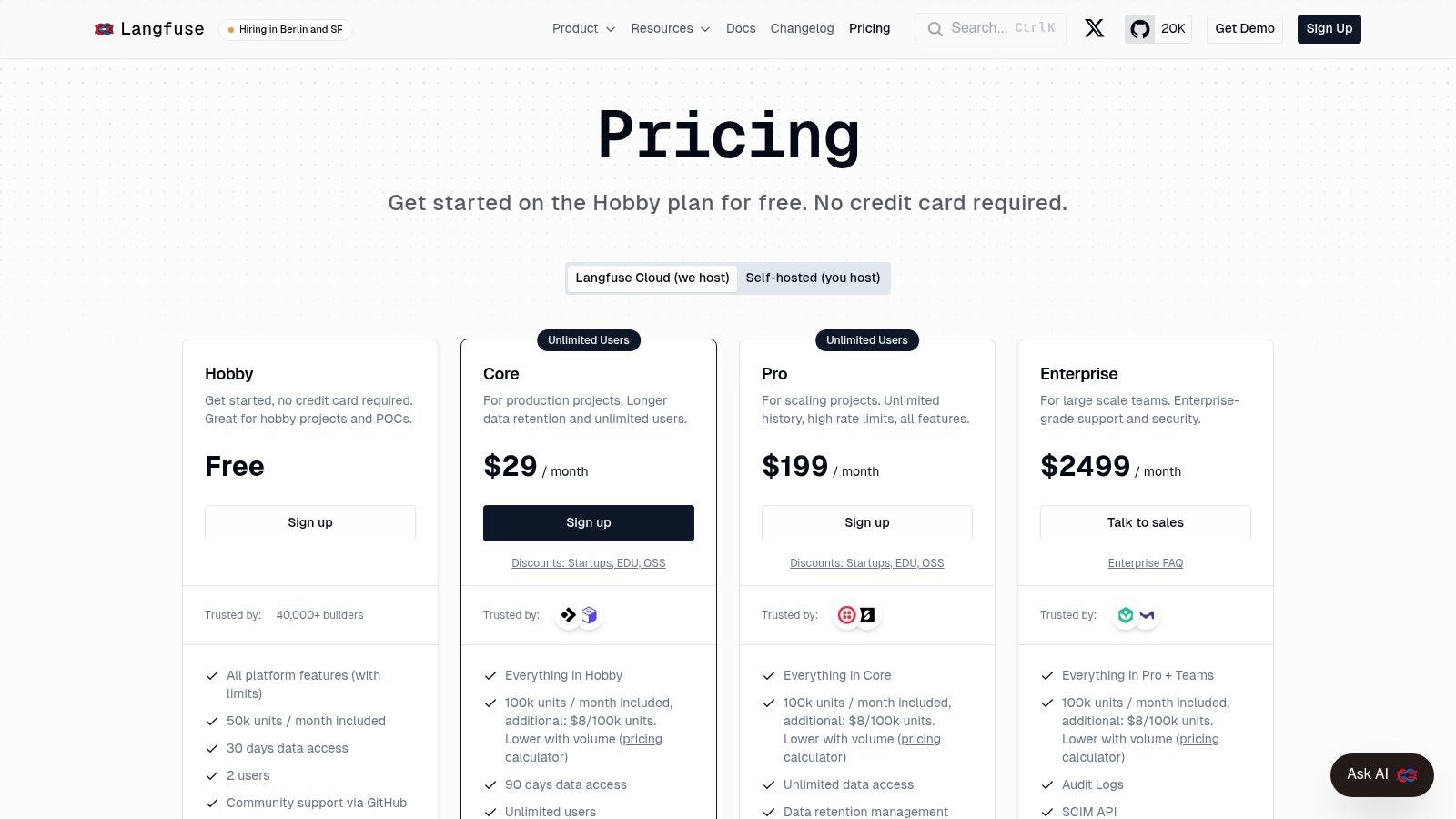 Langfuse pricing plans, one of the best LLM optimization tools for AI visibility