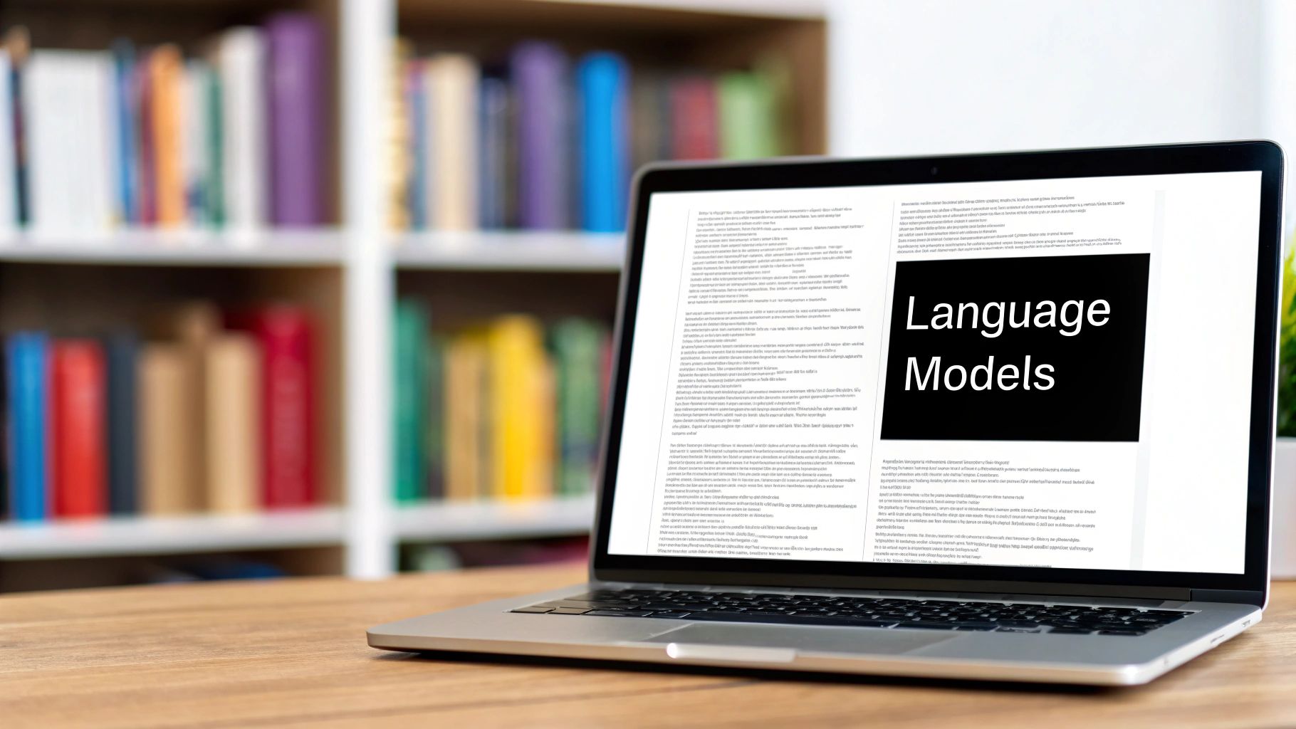 A laptop on a wooden desk displays "Language Models" on screen, with a blurry bookshelf behind.