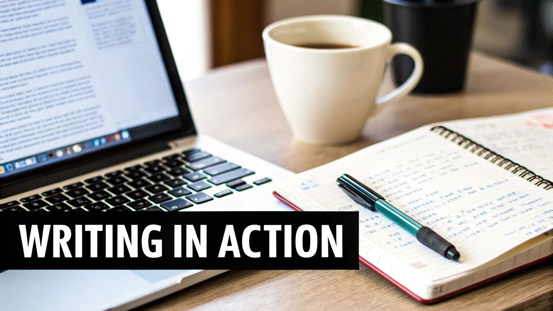 A professional workspace featuring a laptop, a hot coffee cup, and an open notebook with a pen.