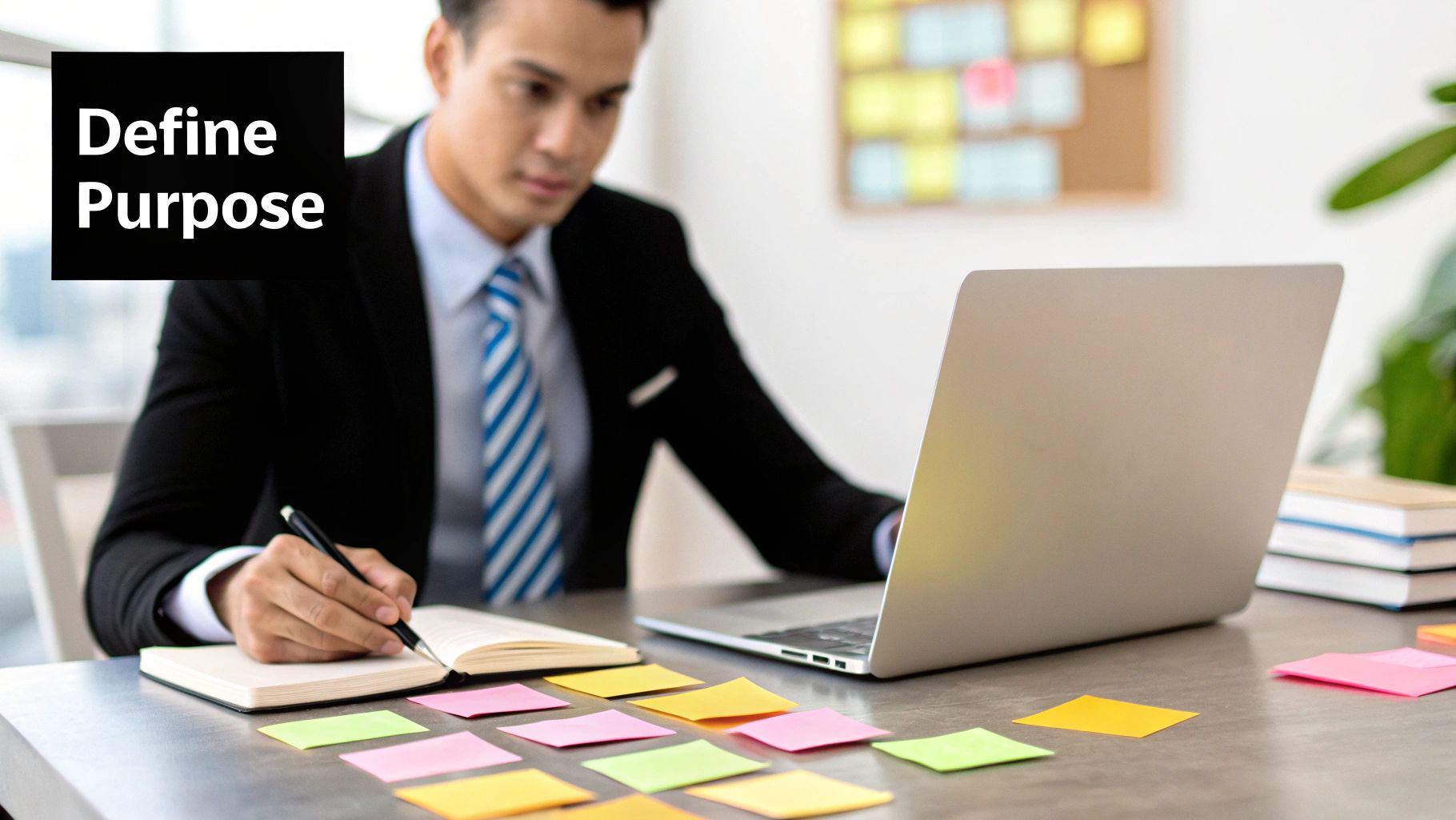 A person sitting at a desk with a laptop, thoughtfully planning their content with sticky notes on the wall.