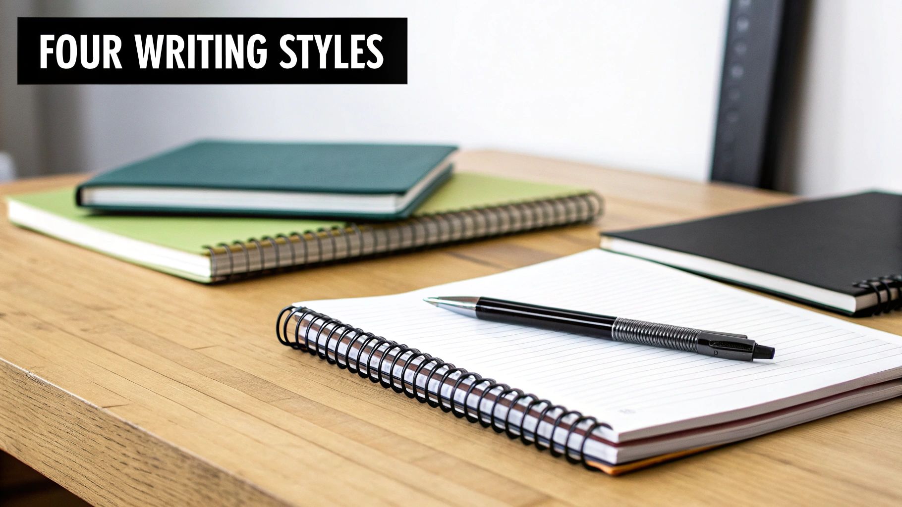 Multiple notebooks and a pen on a wooden desk, with text 'FOUR WRITING STYLES'.