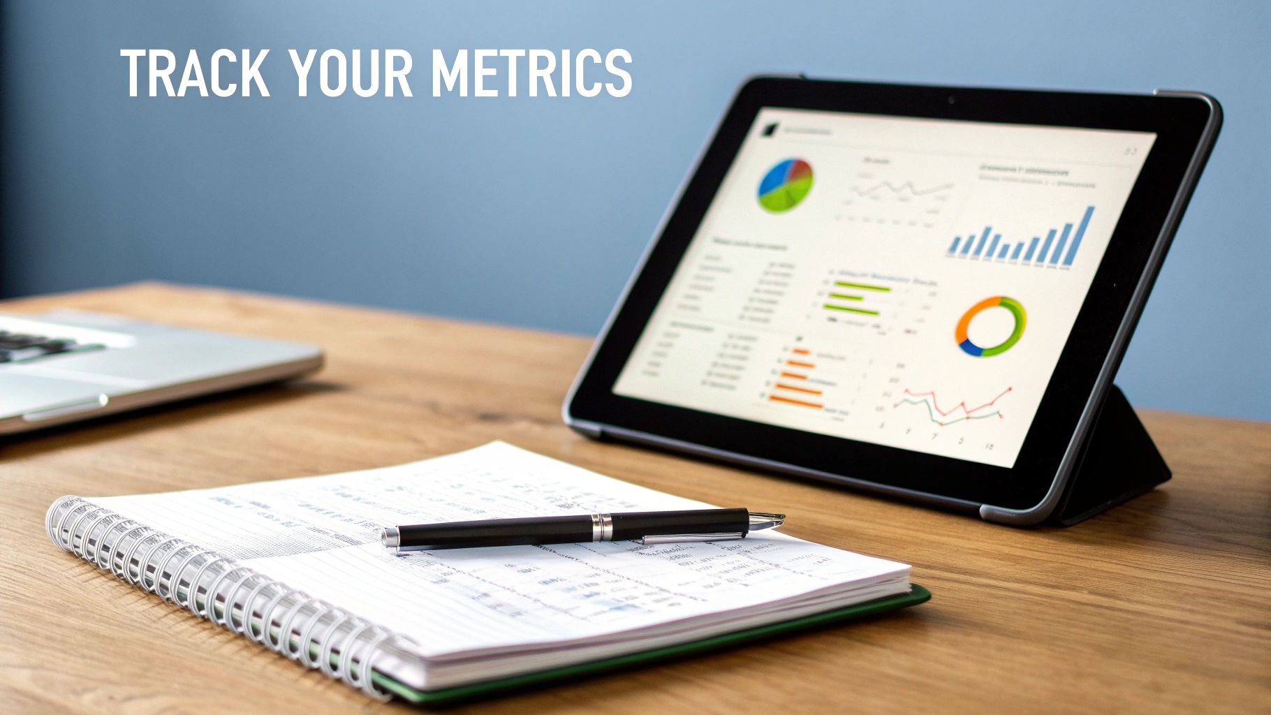 A desk setup with a laptop, a notebook with a pen, and a tablet displaying business metrics and graphs.