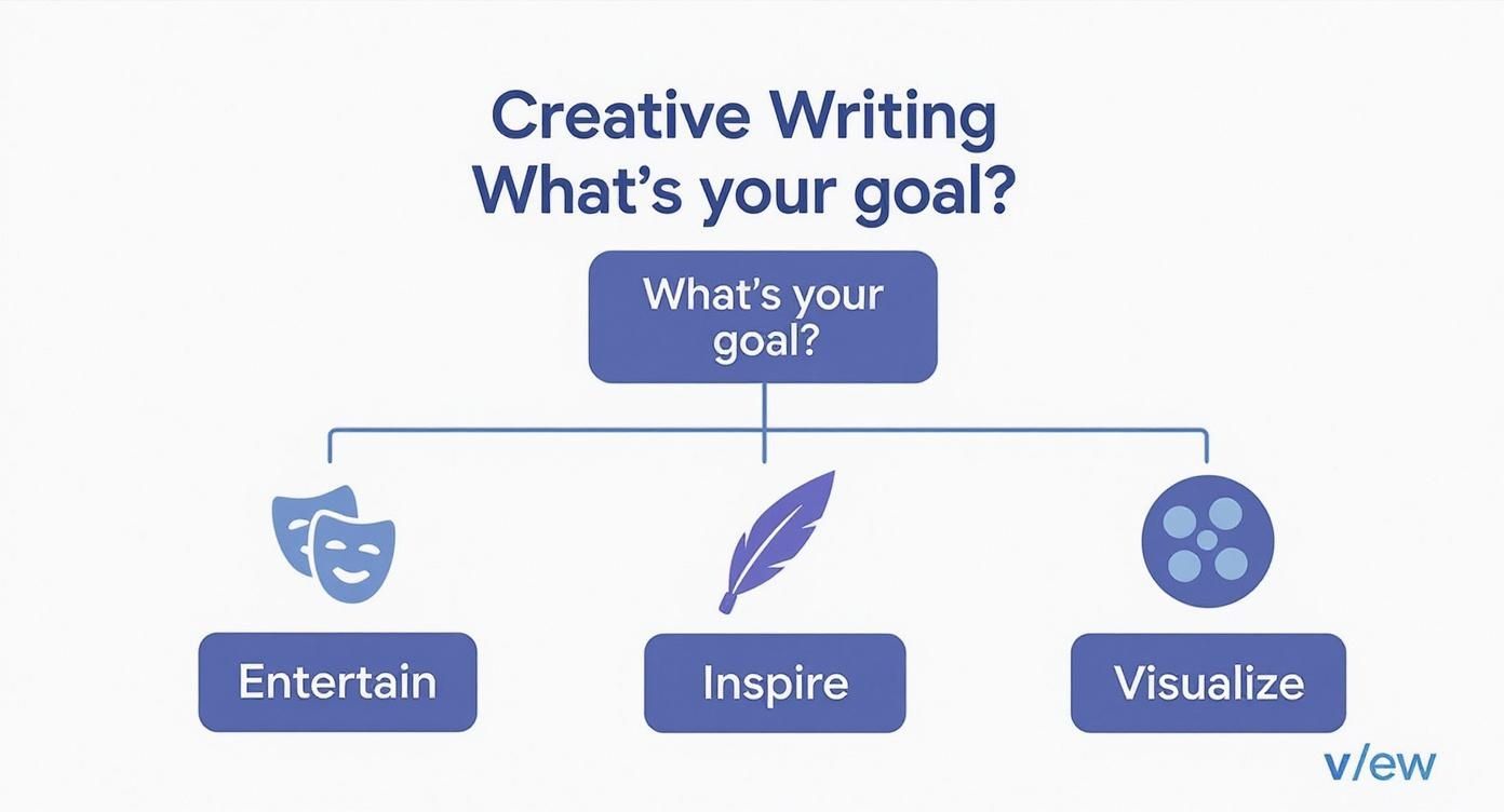 A flowchart titled 'Creative Writing: What's your goal?' showing three goals: Entertain, Inspire, Visualize.