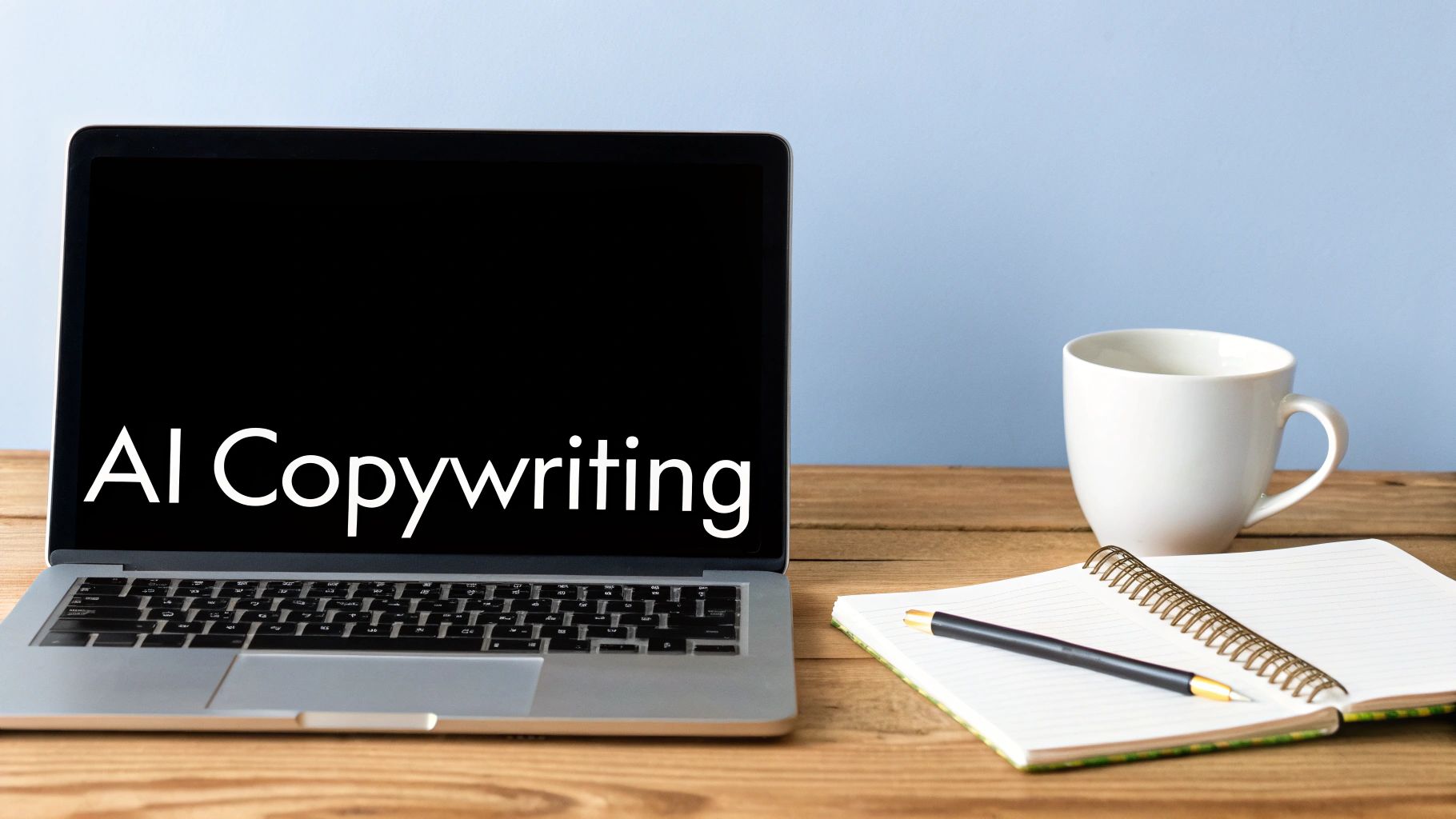 Laptop screen shows 'AI Copywriting' on a wooden desk with a coffee mug, open notebook, and pen.
