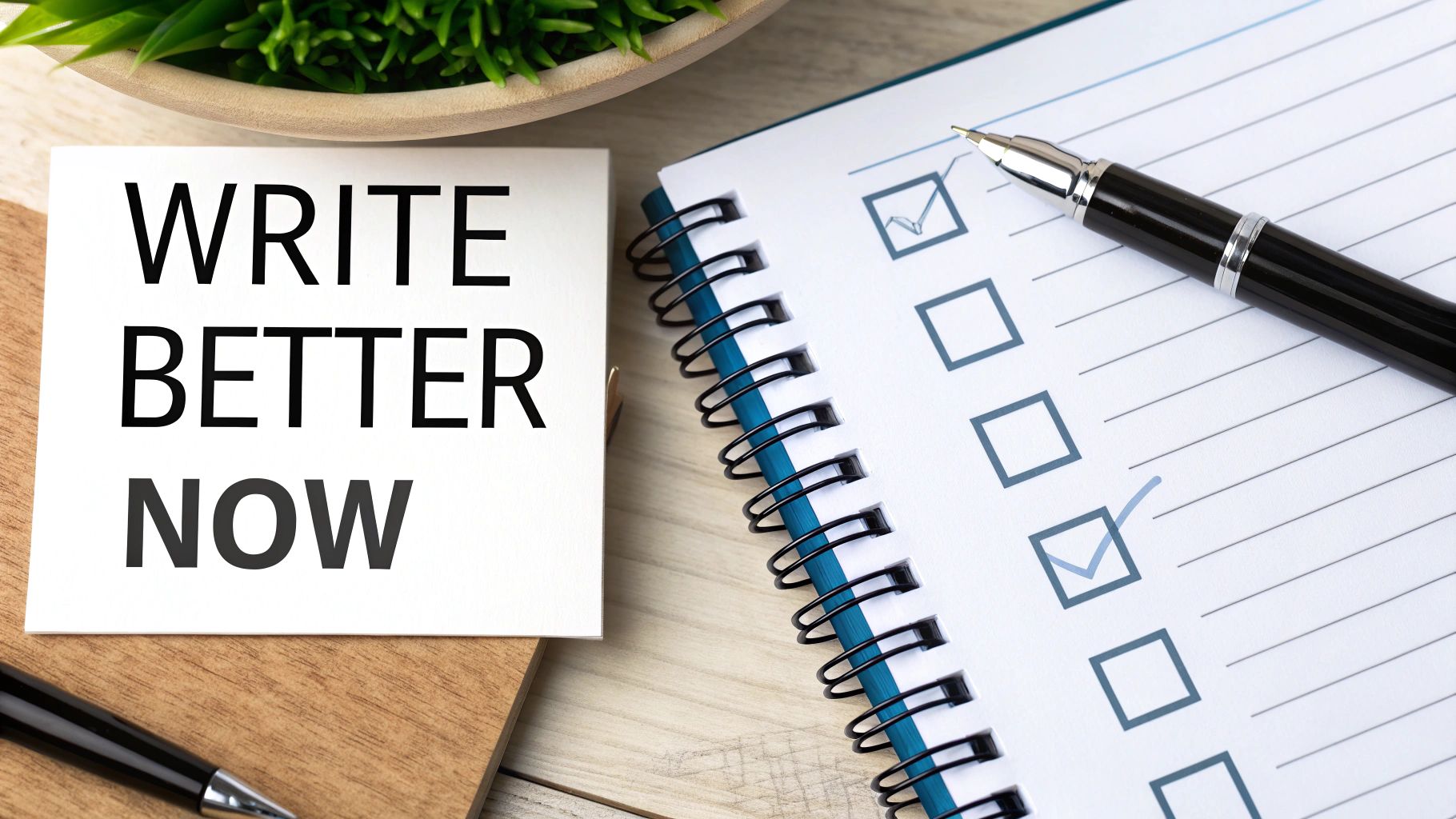 A person's hands poised over a keyboard, with a notebook and pen nearby, ready to start writing.