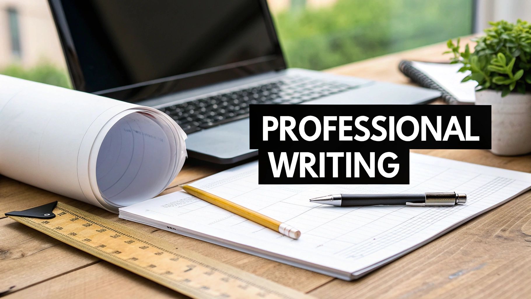A desk with a laptop, rolled papers, a ruler, and writing tools, overlaid with 'PROFESSIONAL WRITING'.